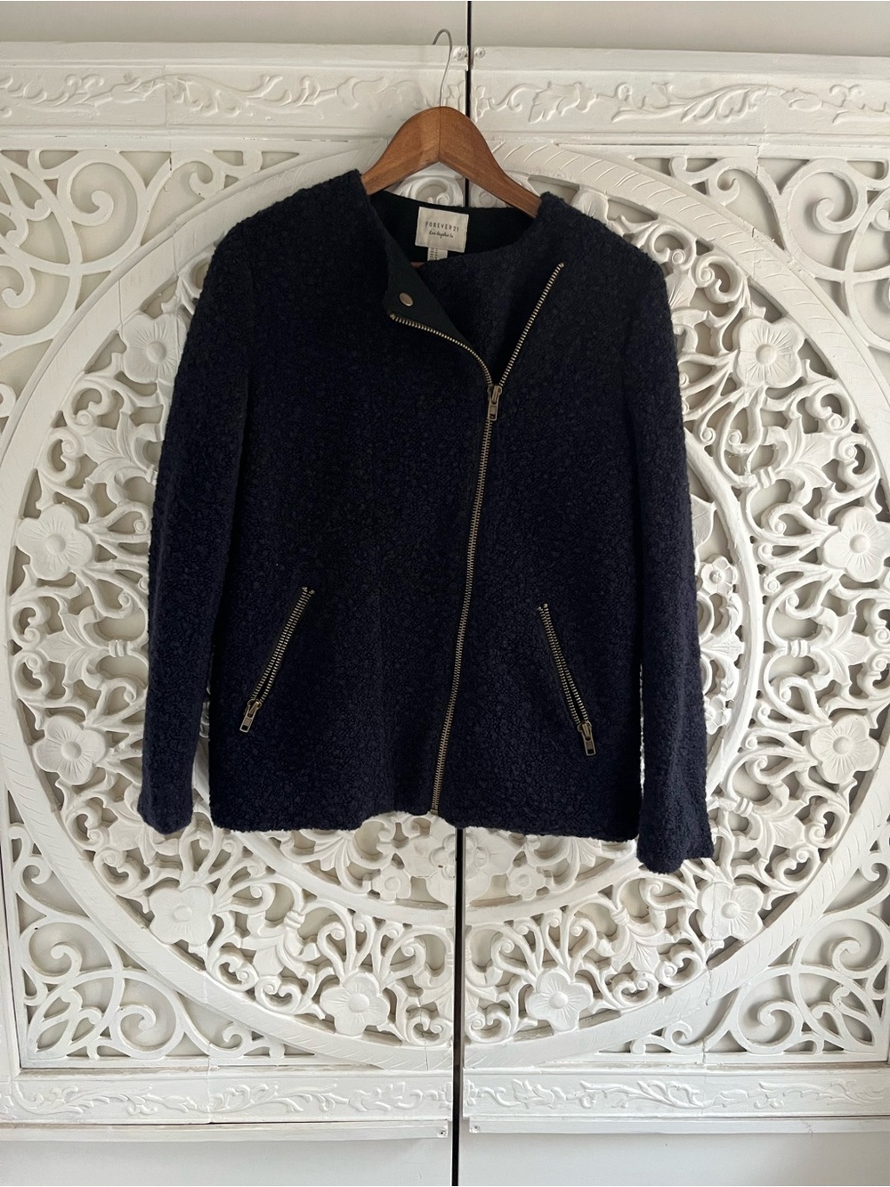 Forever 21 Bouclé Moto Jacket Medium Navy Blue Textured Zip Coat